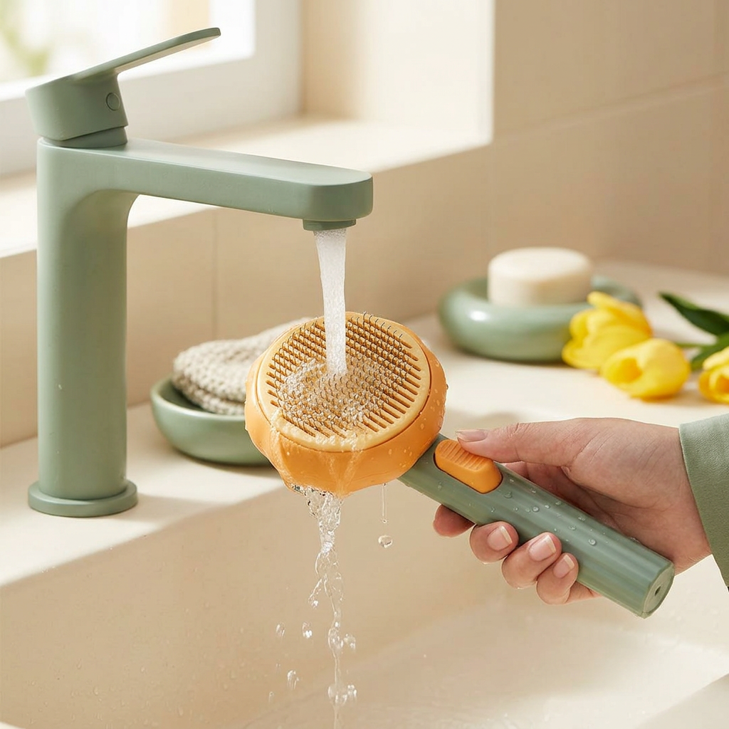 La brosse citrouille se rince sous l’eau courante